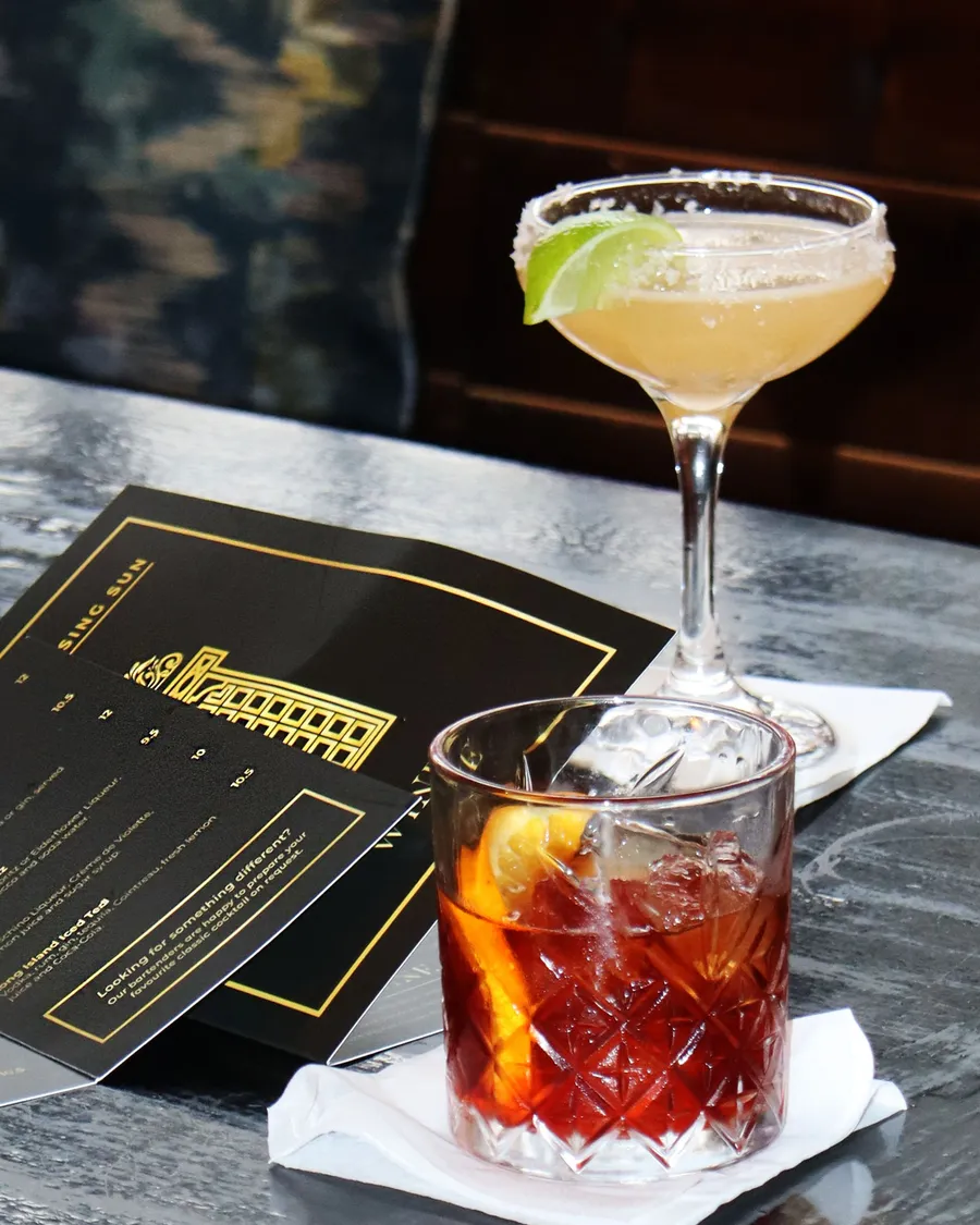 A margarita and a negroni on the bar at House of the Rising Sun, Shrewsbury